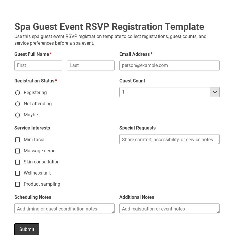 Spa Guest Event RSVP Registration Template form template