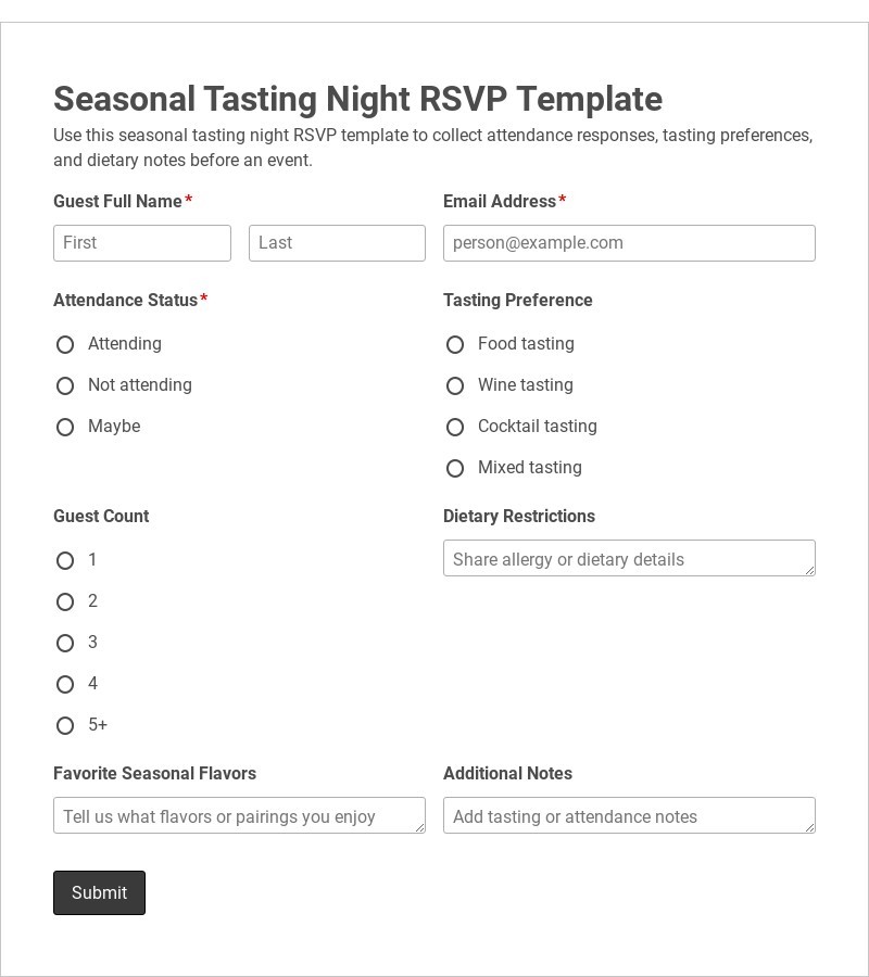 Seasonal Tasting Night RSVP Template form template