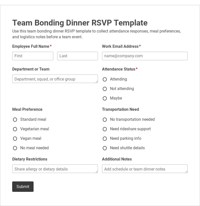 Team Bonding Dinner RSVP Template form template