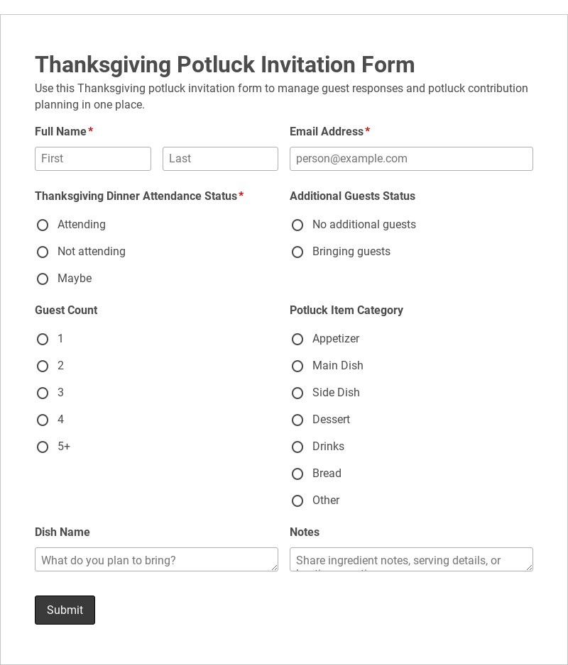 Thanksgiving Potluck Invitation Form
