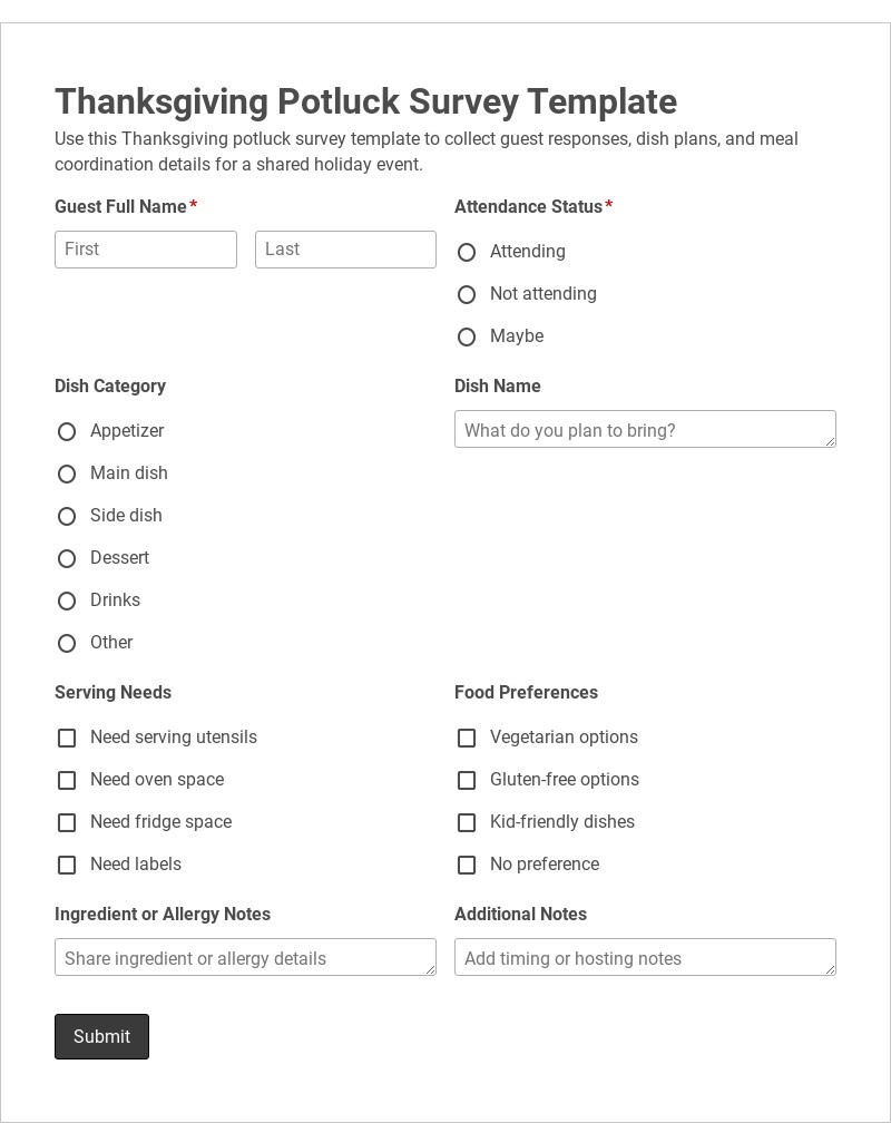 Thanksgiving Potluck Survey Template
