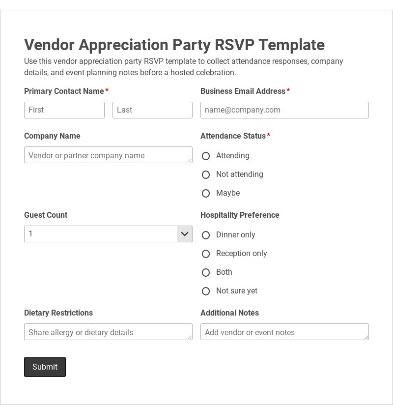 Vendor Appreciation Party RSVP Template form template