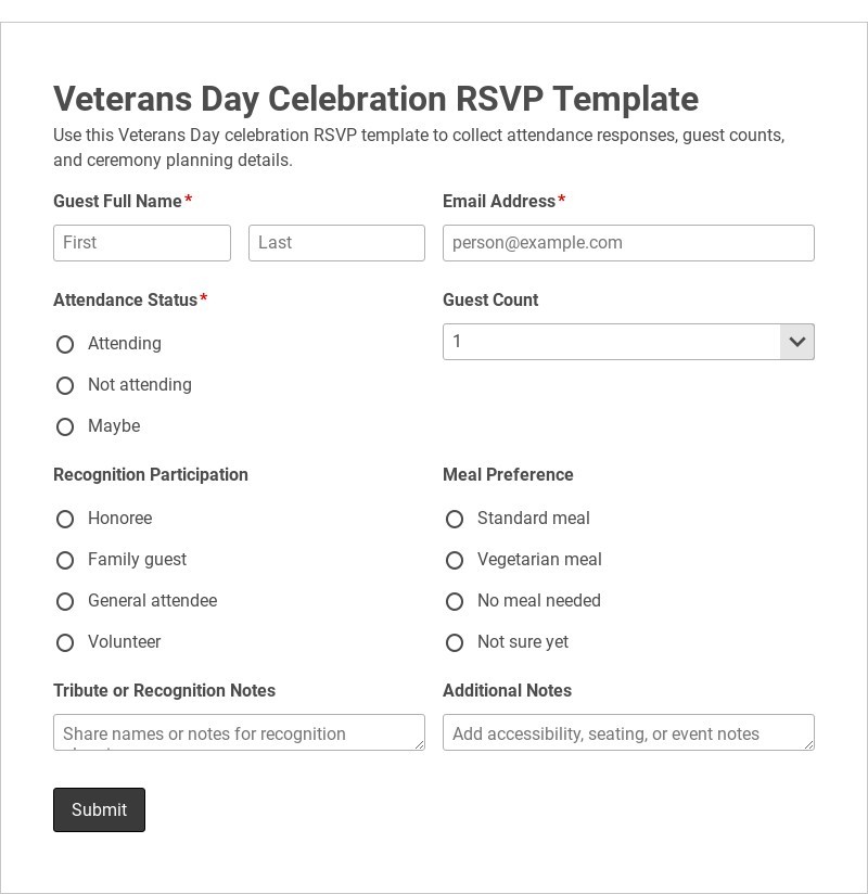 Veterans Day Celebration RSVP Template