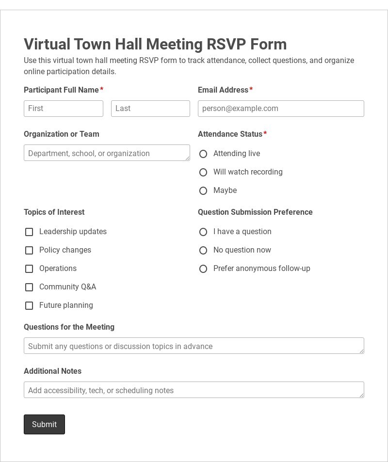 Virtual Town Hall Meeting RSVP Form