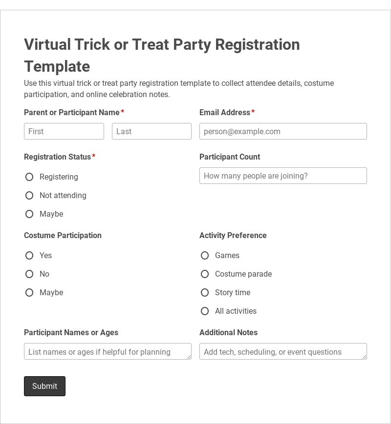 Virtual Trick or Treat Party Registration Template