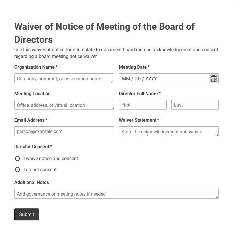 Waiver of Notice of Meeting of the Board of Directors form template