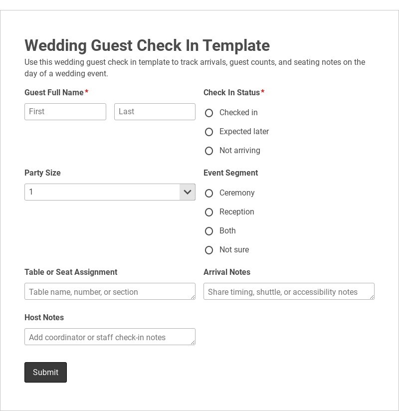 Wedding Guest Check In Template form template