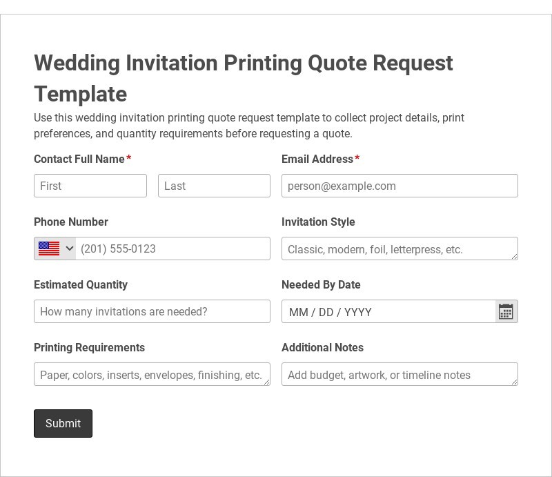 Wedding Invitation Printing Quote Request Template form template