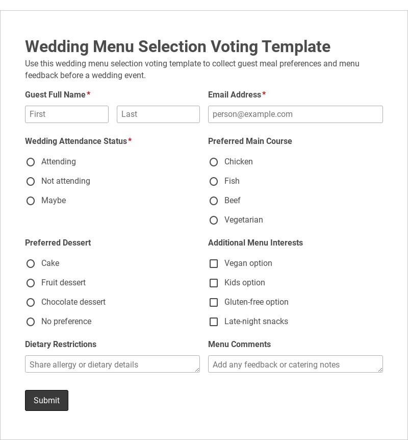Wedding Menu Selection Voting Template form template