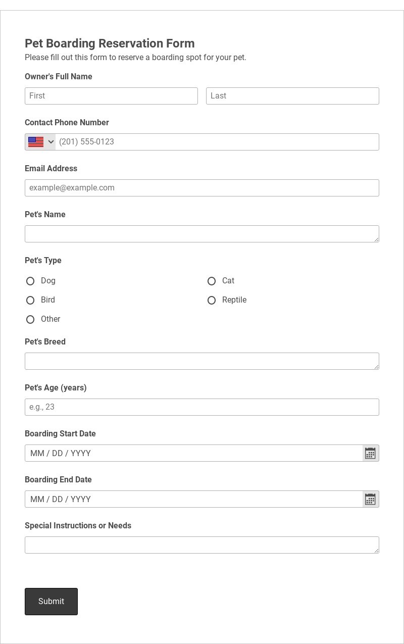 Pet Boarding Reservation Form Template form template