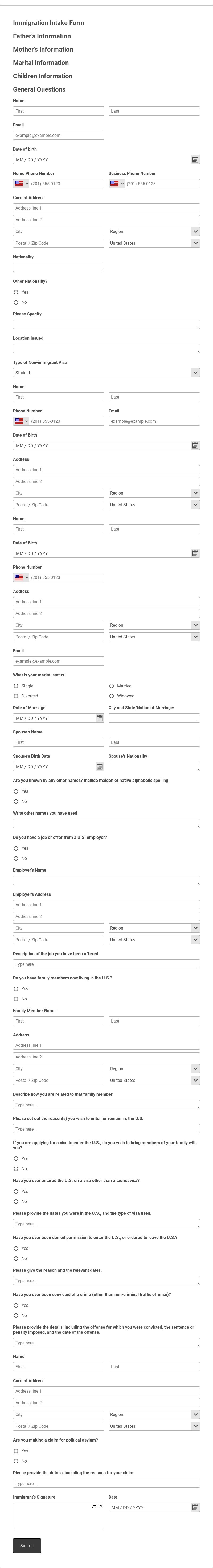 Immigration Intake Form Template form template