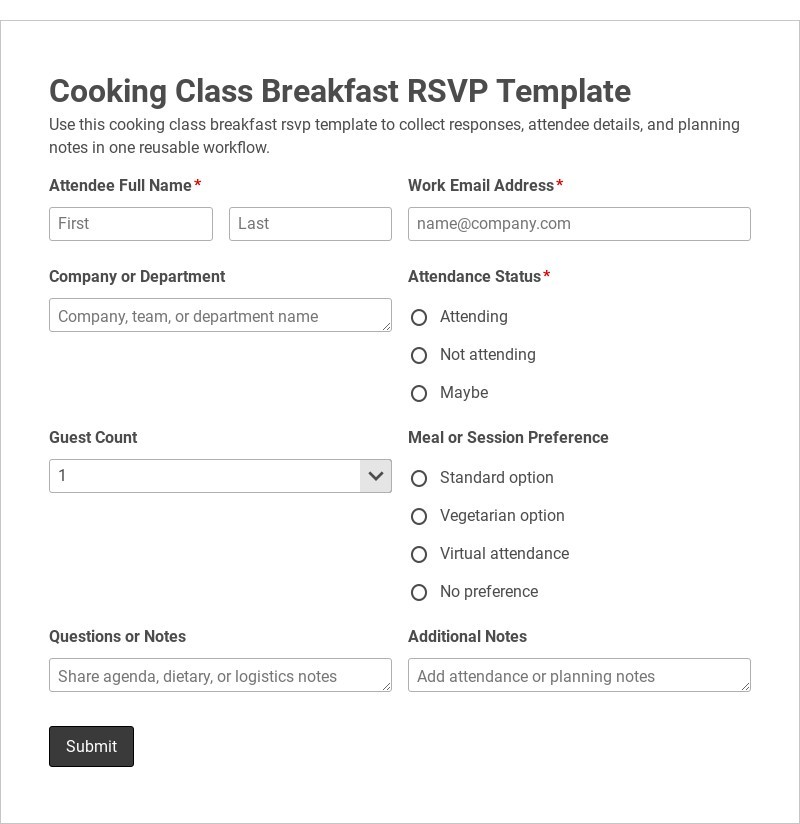 Cooking Class Breakfast RSVP Template form template