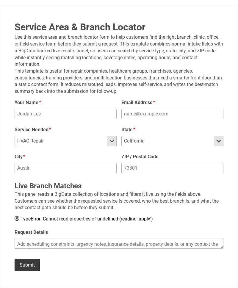 Service Area & Branch Locator