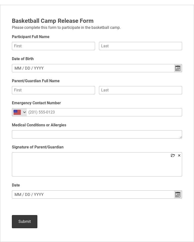 Basketball Camp Release Form Template form template