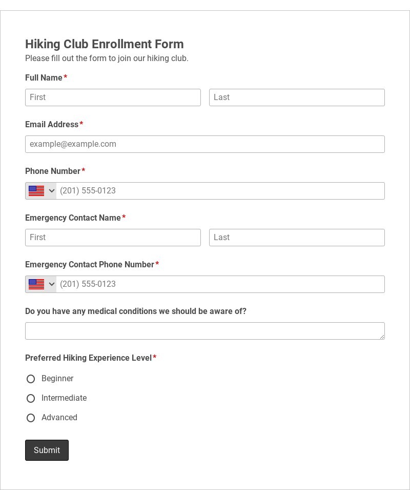 Hiking Club Enrollment Form Template form template