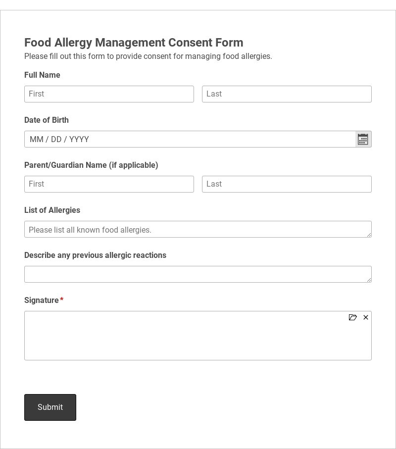 Food Allergy Management Consent Form Template form template