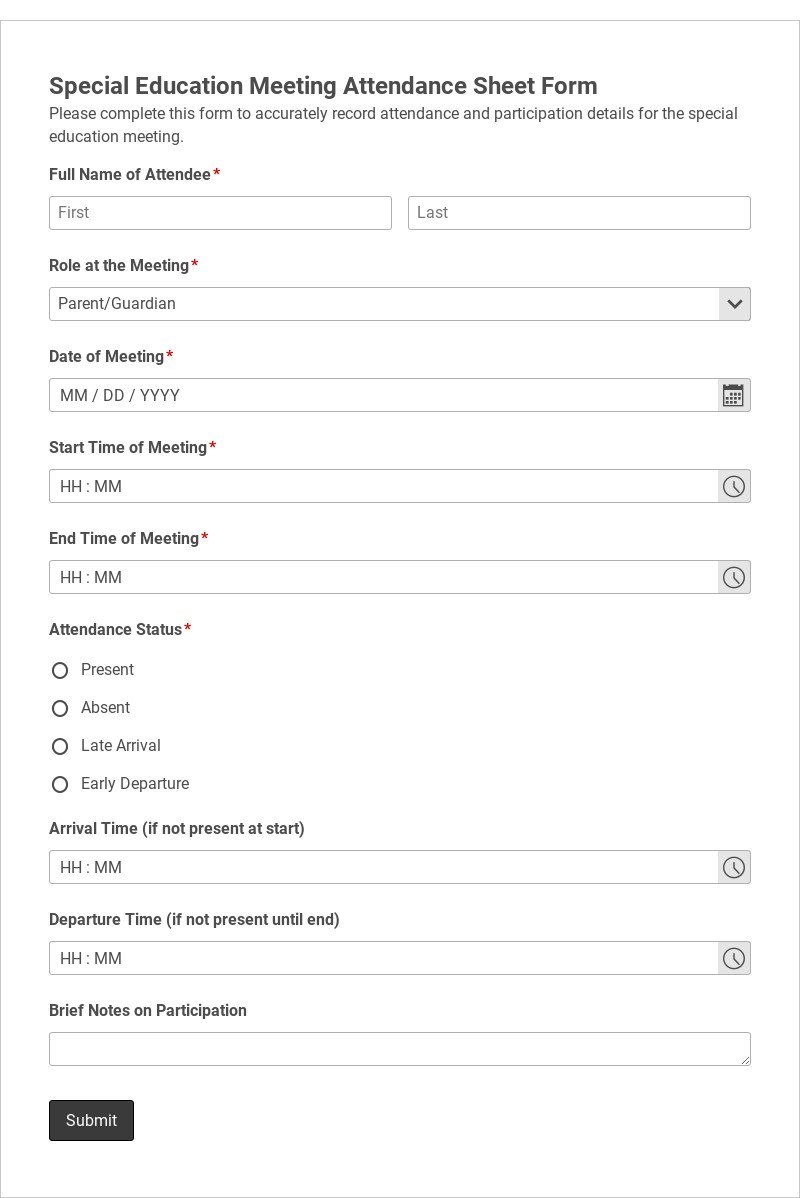 Special Education Meeting Attendance Sheet Form Template form template