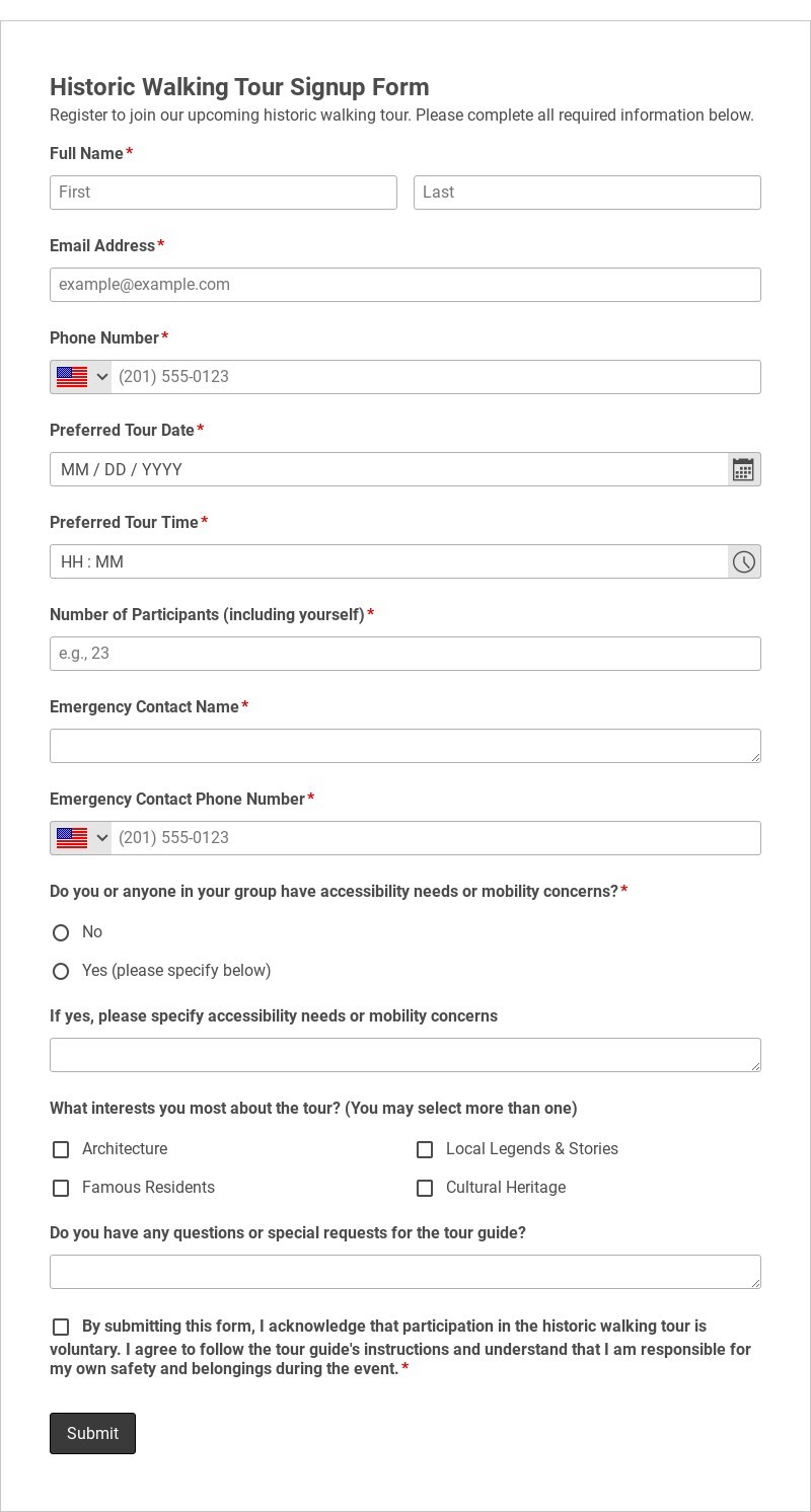 Historic Walking Tour Signup Form Template form template