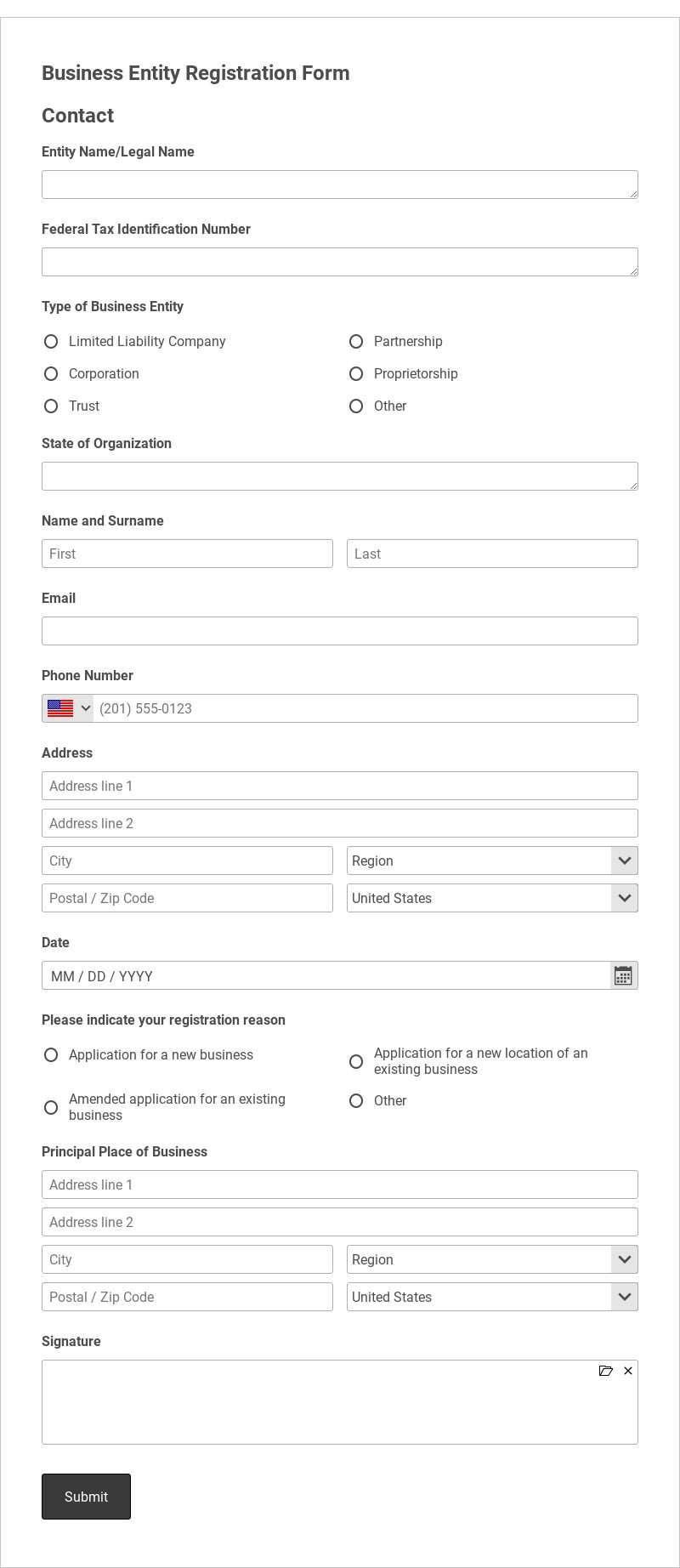 Business Entity Registration Form Template form template