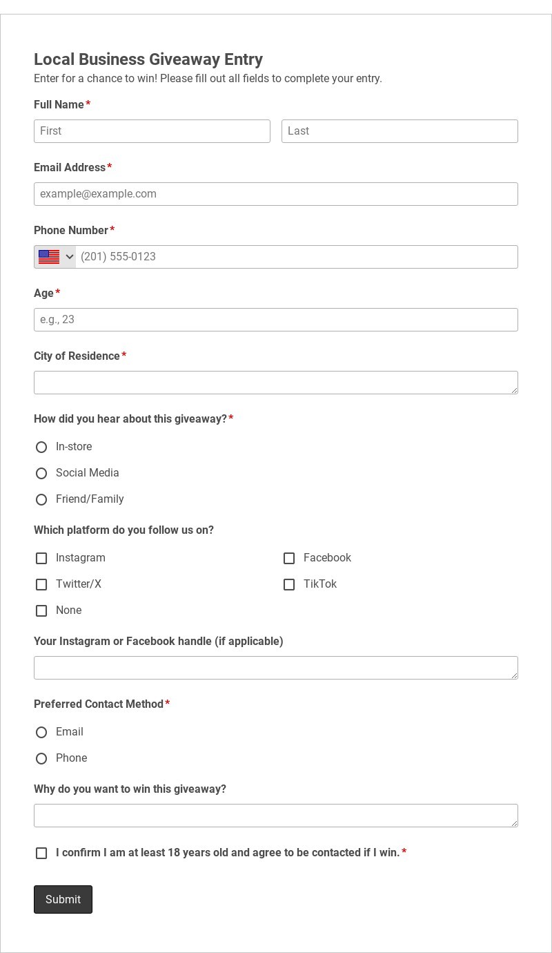 Local Business Giveaway Entry Template form template