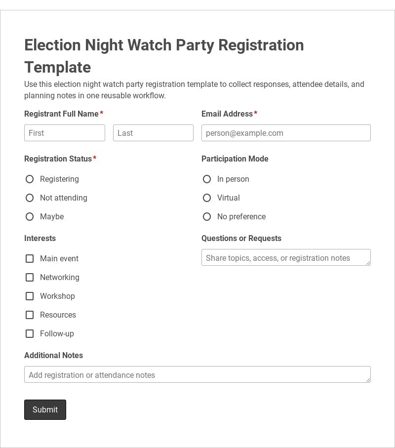 Election Night Watch Party Registration Template form template