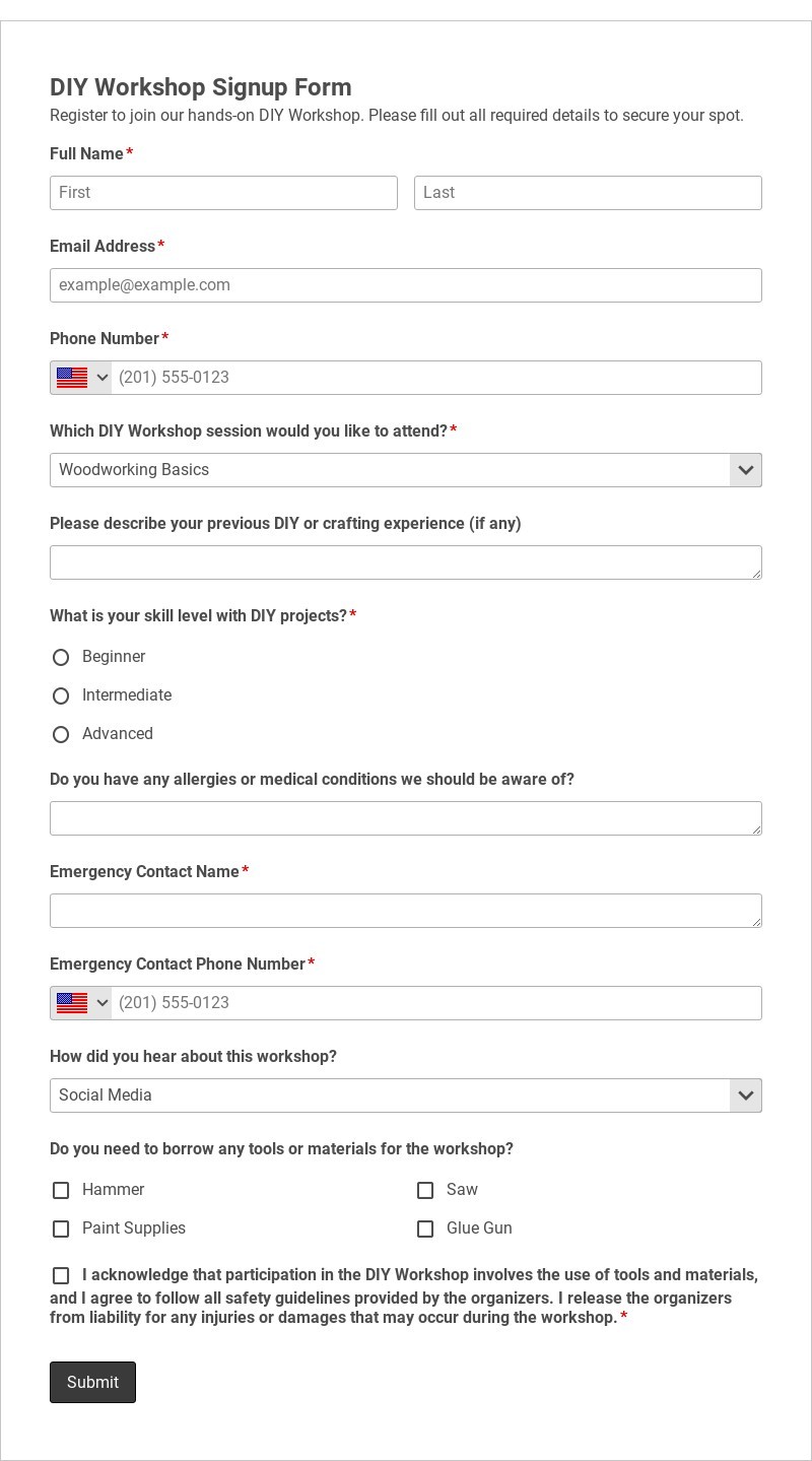 DIY Workshop Signup Form Template form template