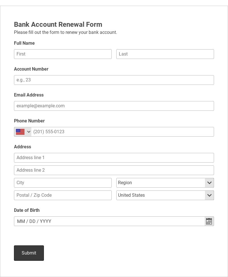 Bank Account Renewal Form Template form template