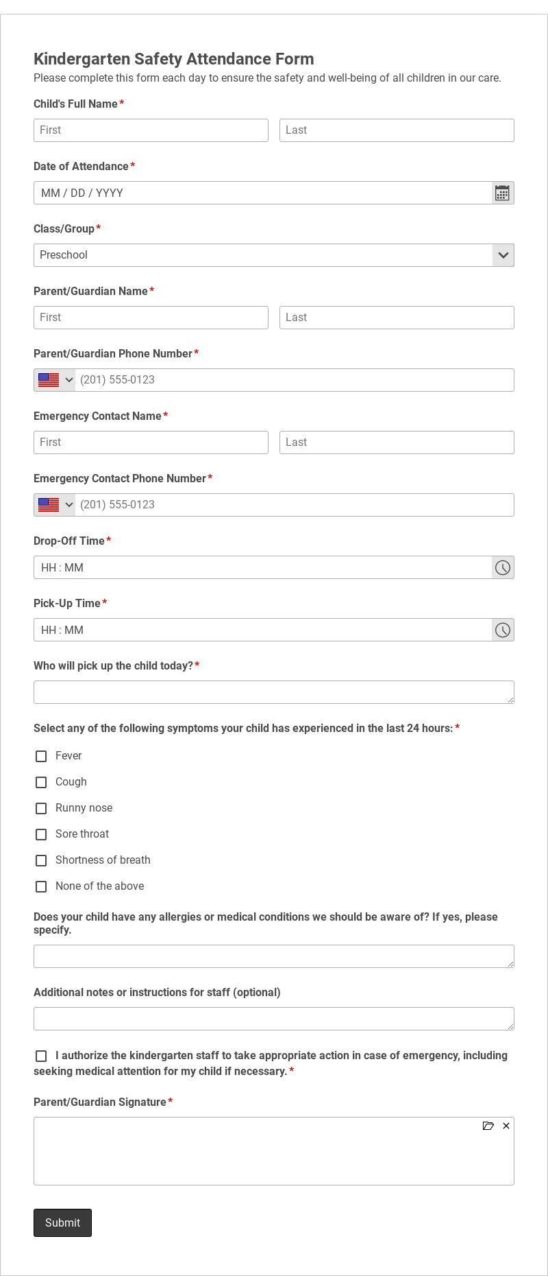 Kindergarten Safety Attendance Form Template form template