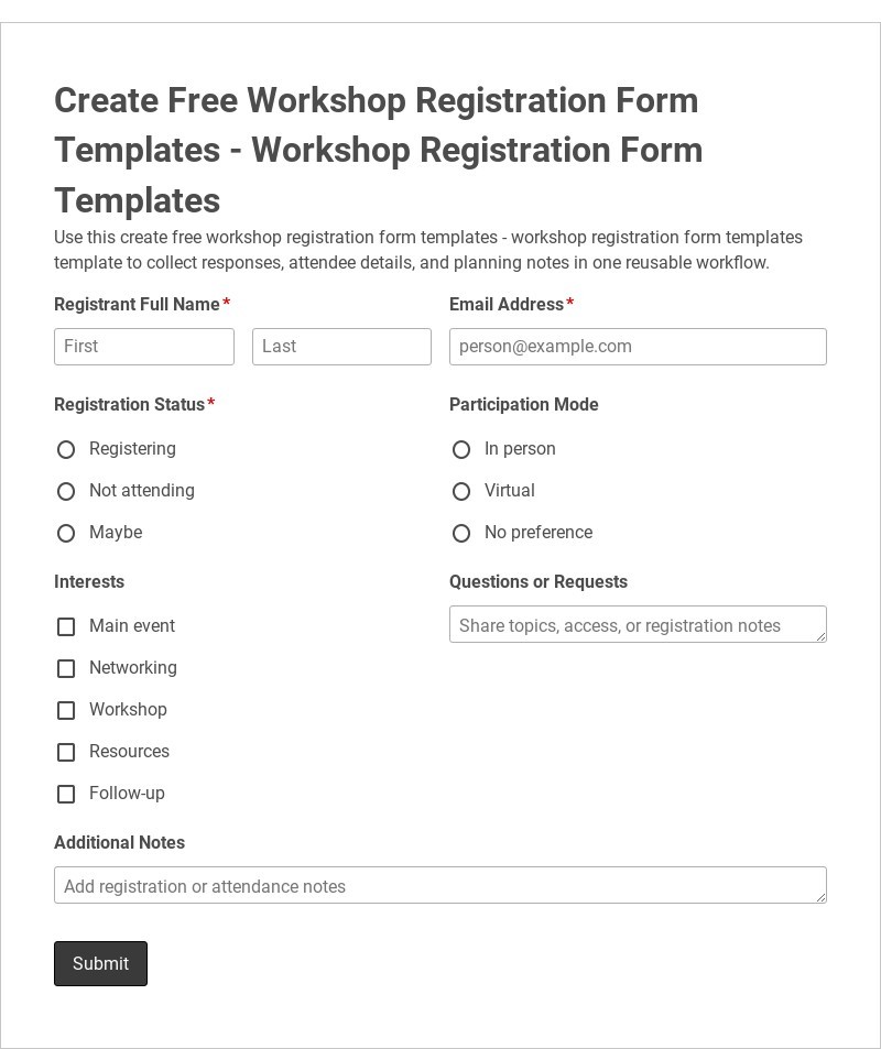 Create Free Workshop Registration Form Templates - Workshop Registration Form Templates form template