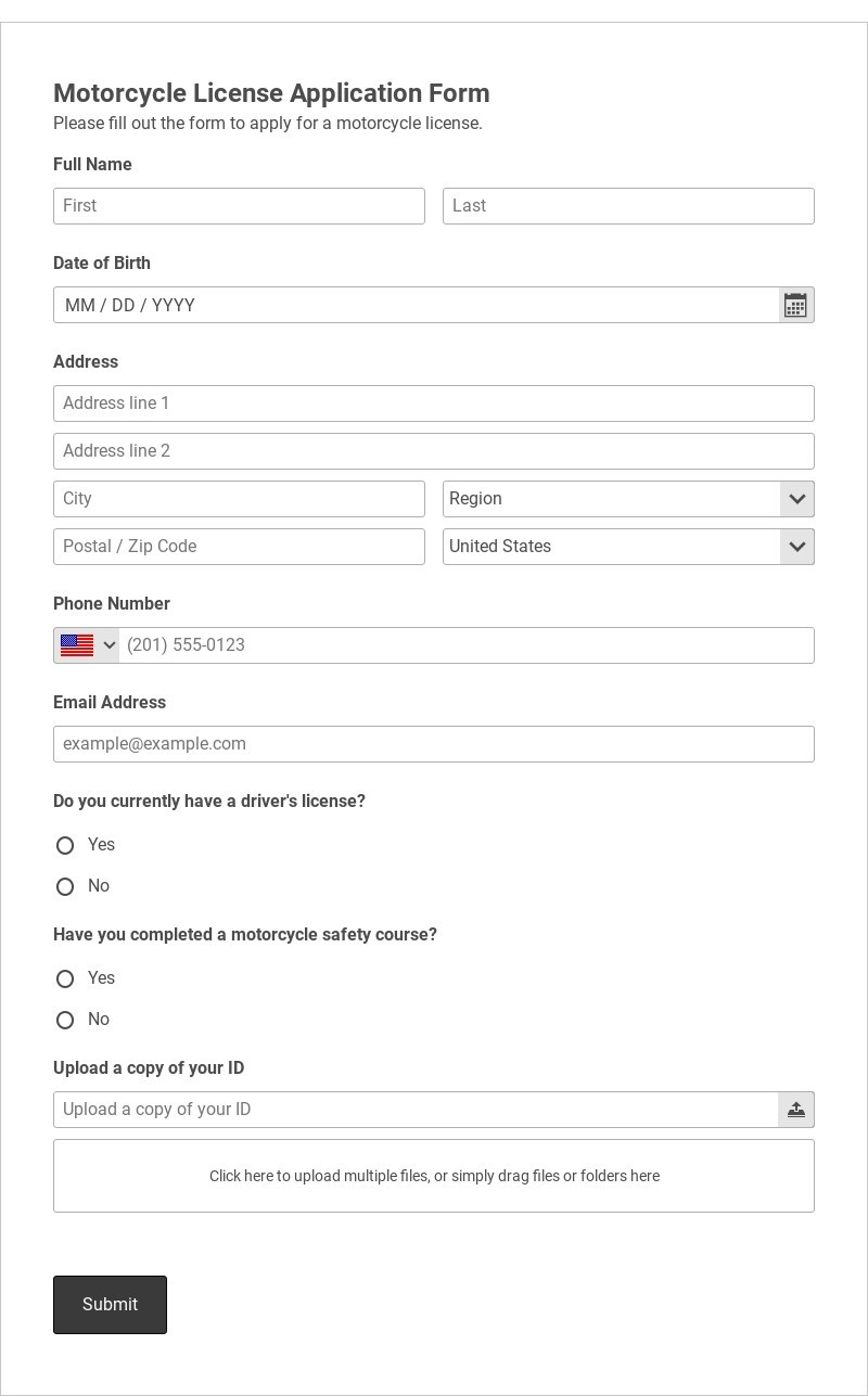 Motorcycle License Application Form Template form template