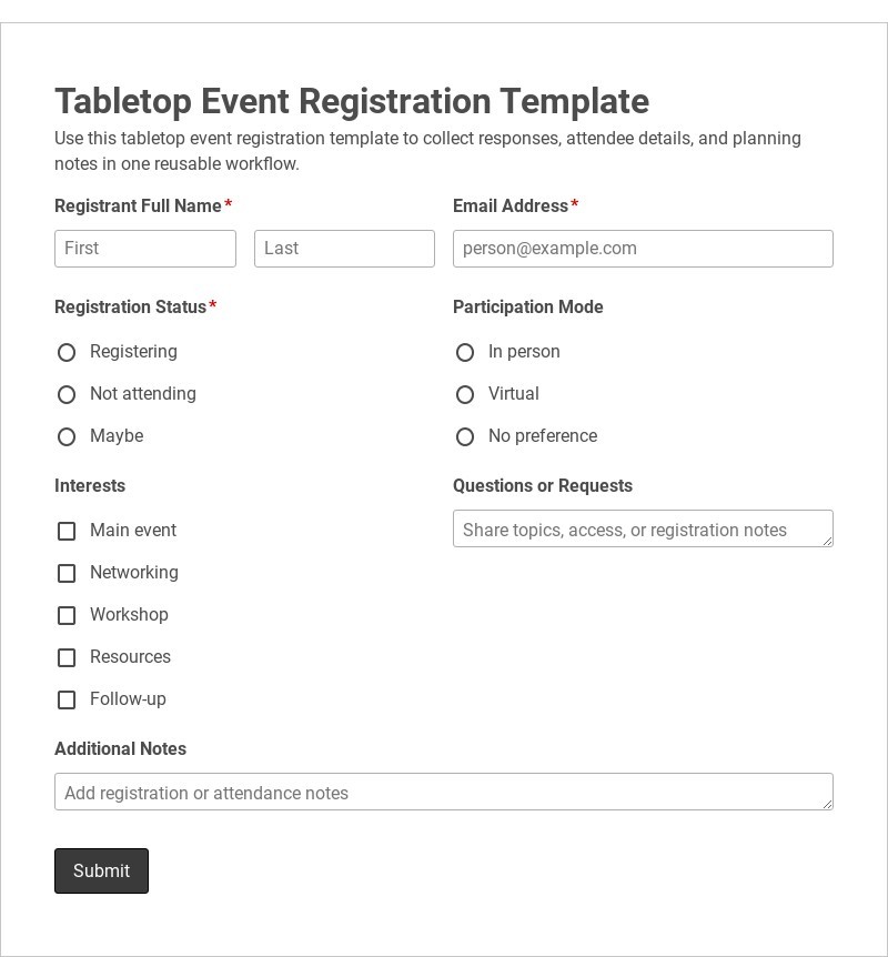 Tabletop Event Registration Template form template