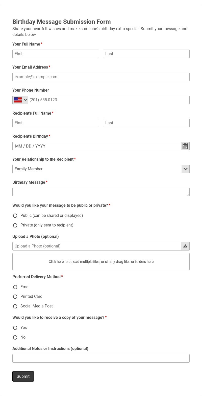 Birthday Message Submission Form Template form template