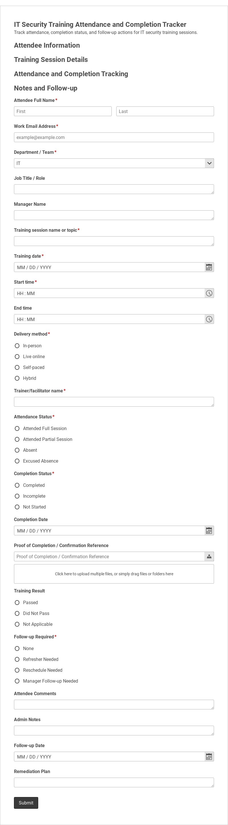 IT Security Training Attendance and Completion Tracker Template form template