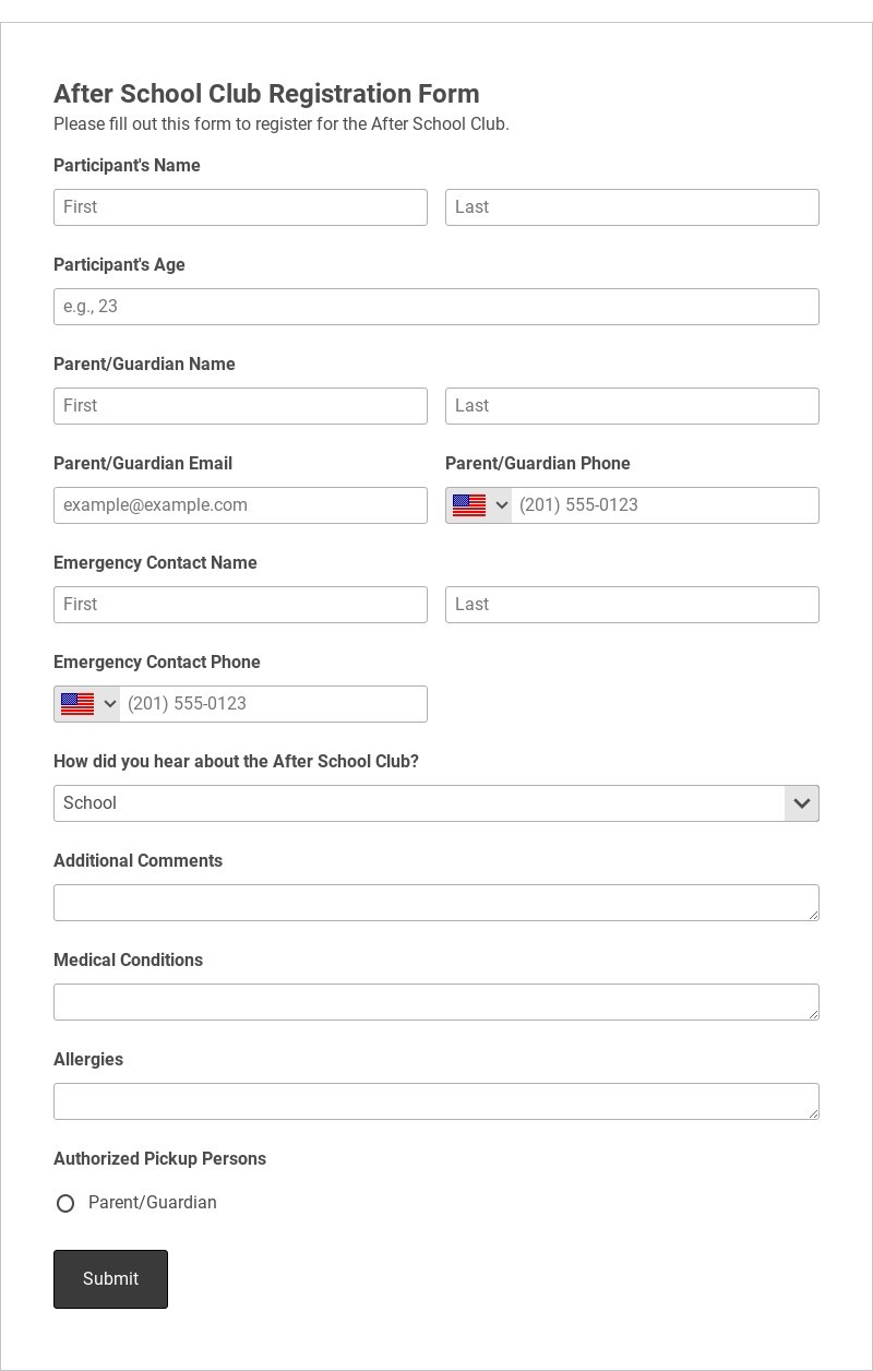 After School Club Registration Form Template form template