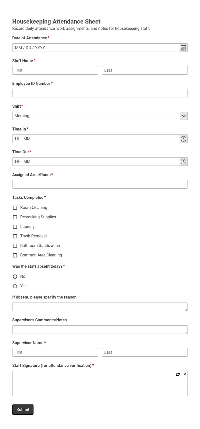 Housekeeping Attendance Sheet