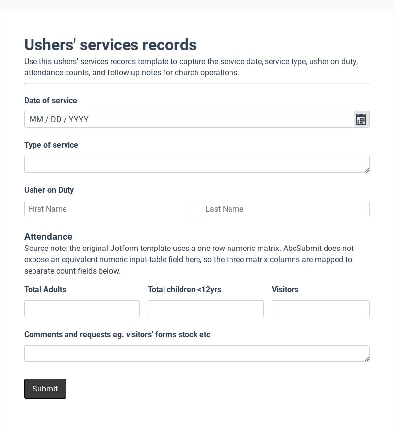 Ushers' Services Records Template