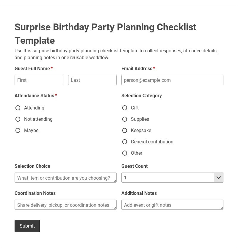 Surprise Birthday Party Planning Checklist Template form template