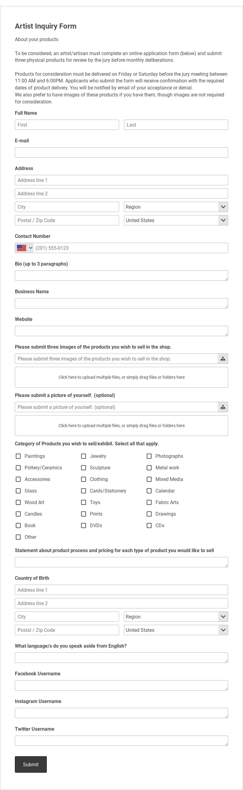 Artist Inquiry for The Gallery@57 Template