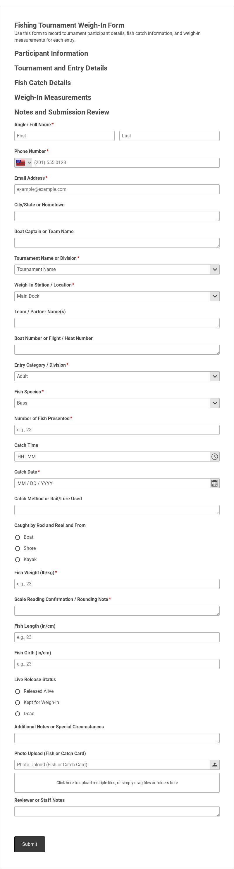 Fishing Tournament Weigh-In Form Template form template
