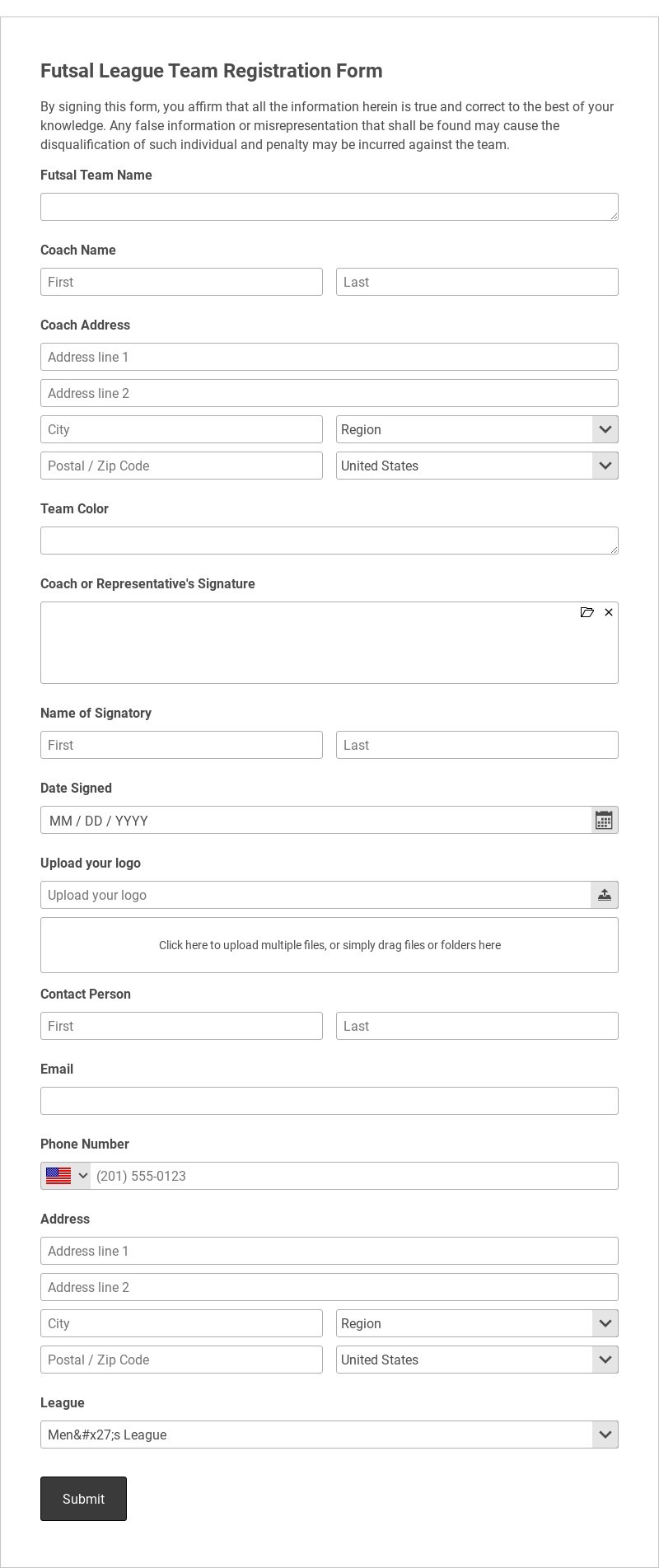 Futsal League Team Registration Form Template form template