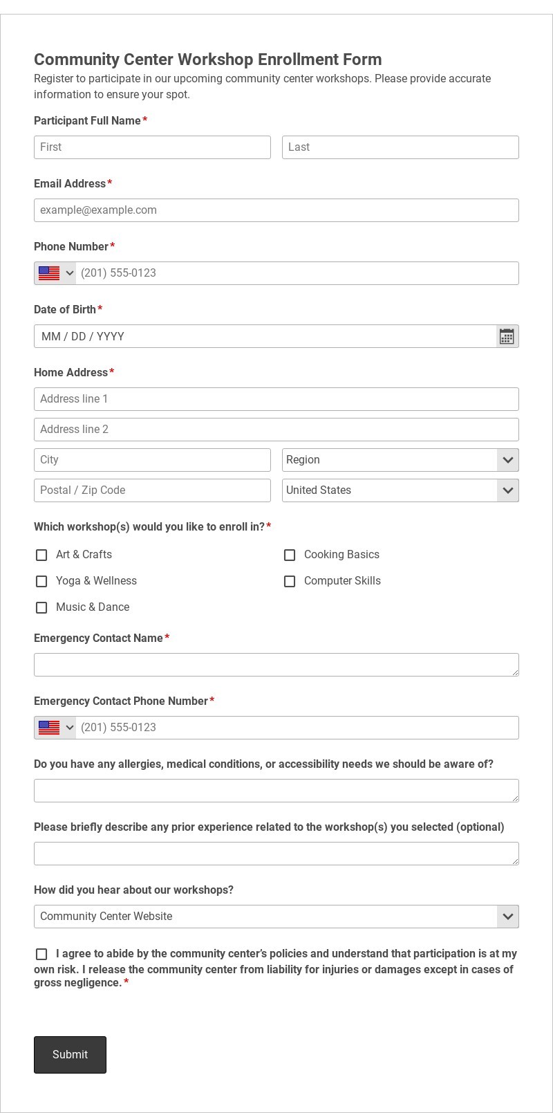 Community Center Workshop Enrollment Form Template form template