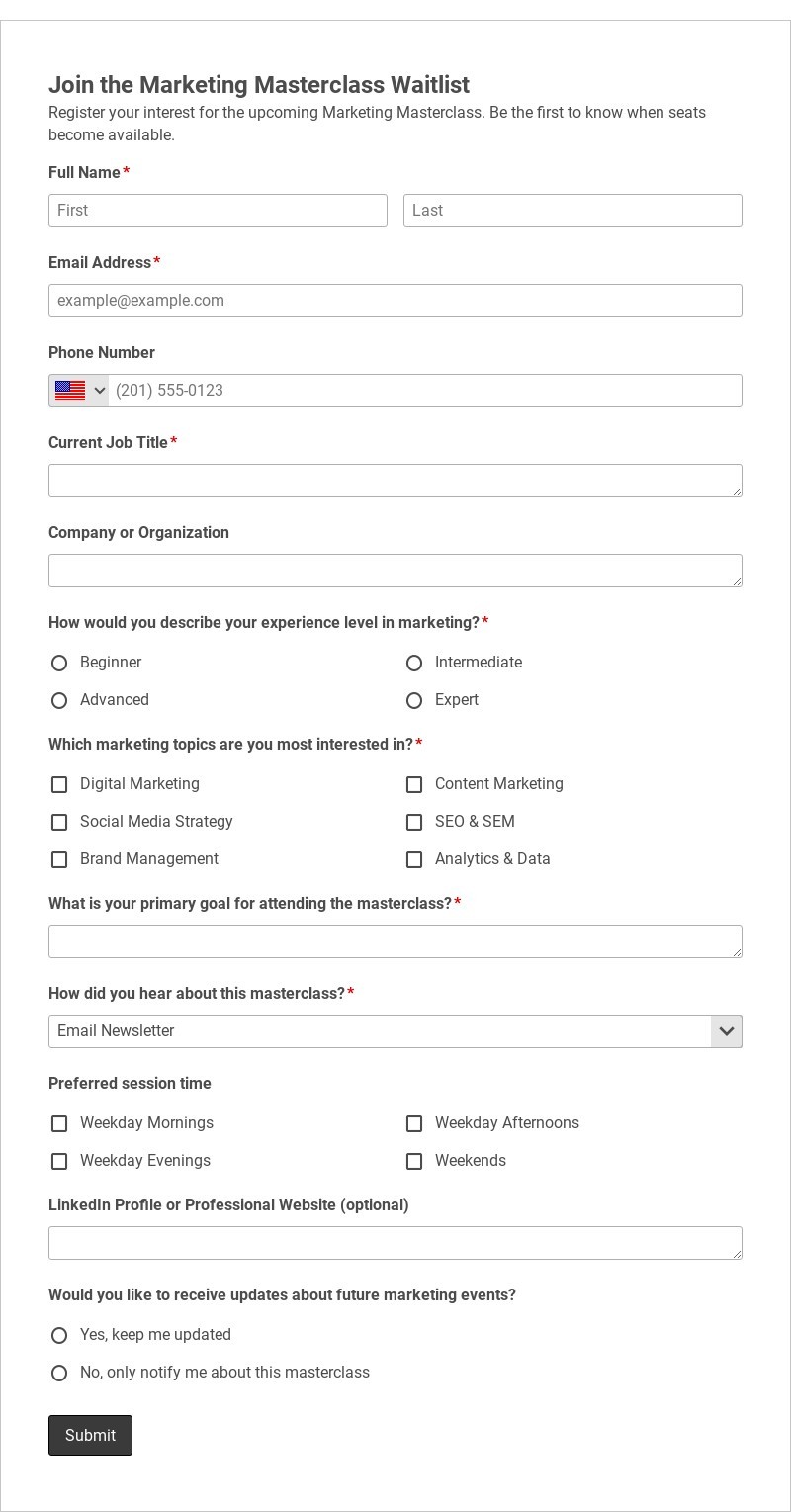 Join the Marketing Masterclass Waitlist Template form template