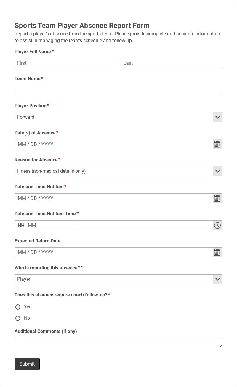Sports Team Player Absence Report Form Template