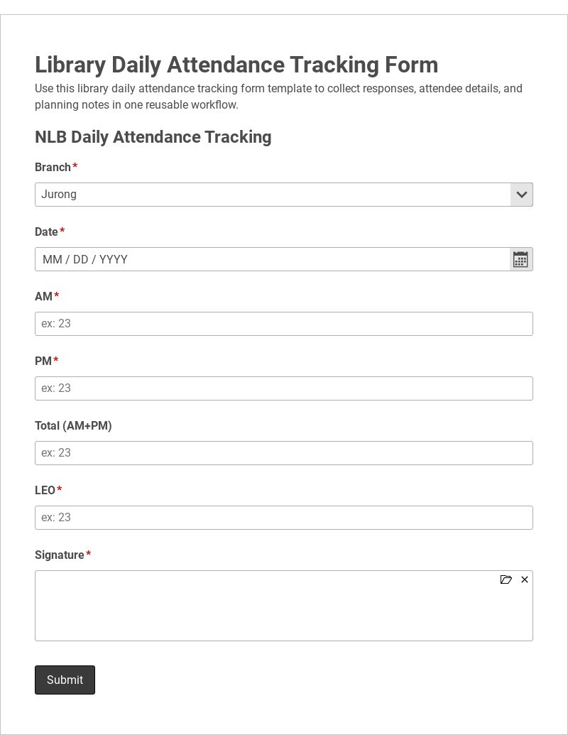 Library Daily Attendance Tracking Form