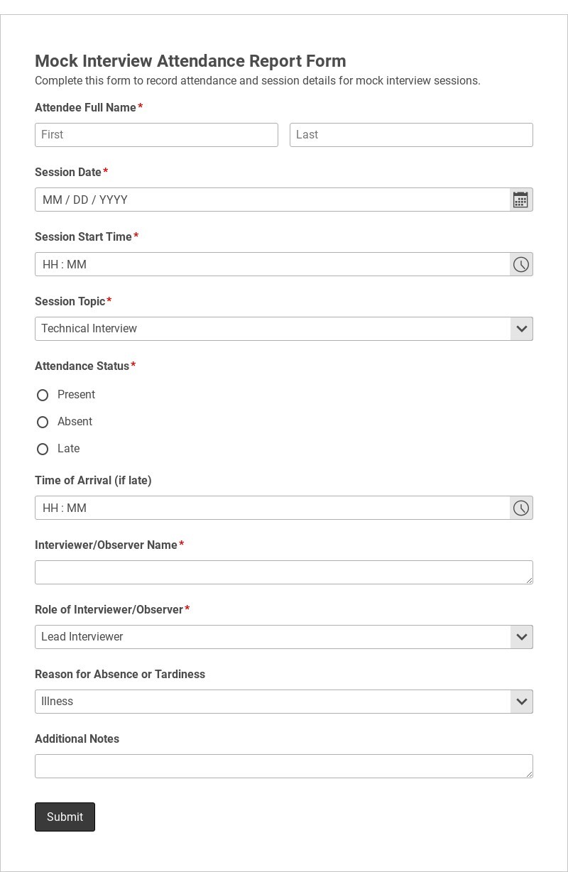 Mock Interview Attendance Report Form Template