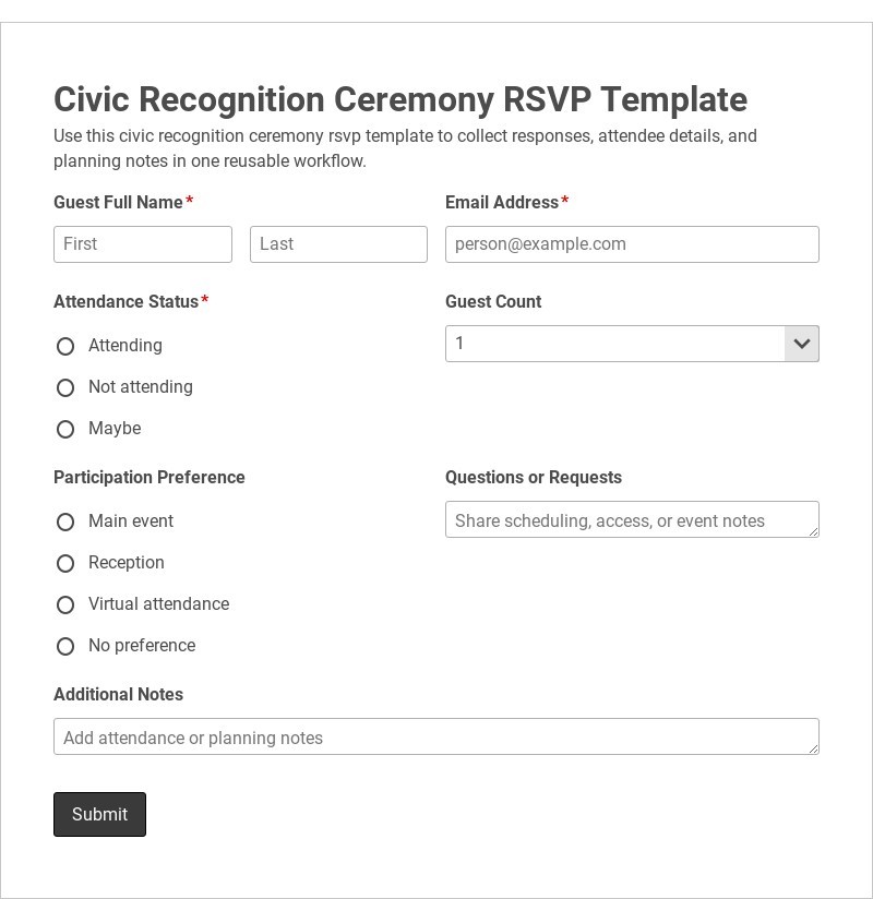 Civic Recognition Ceremony RSVP Template form template