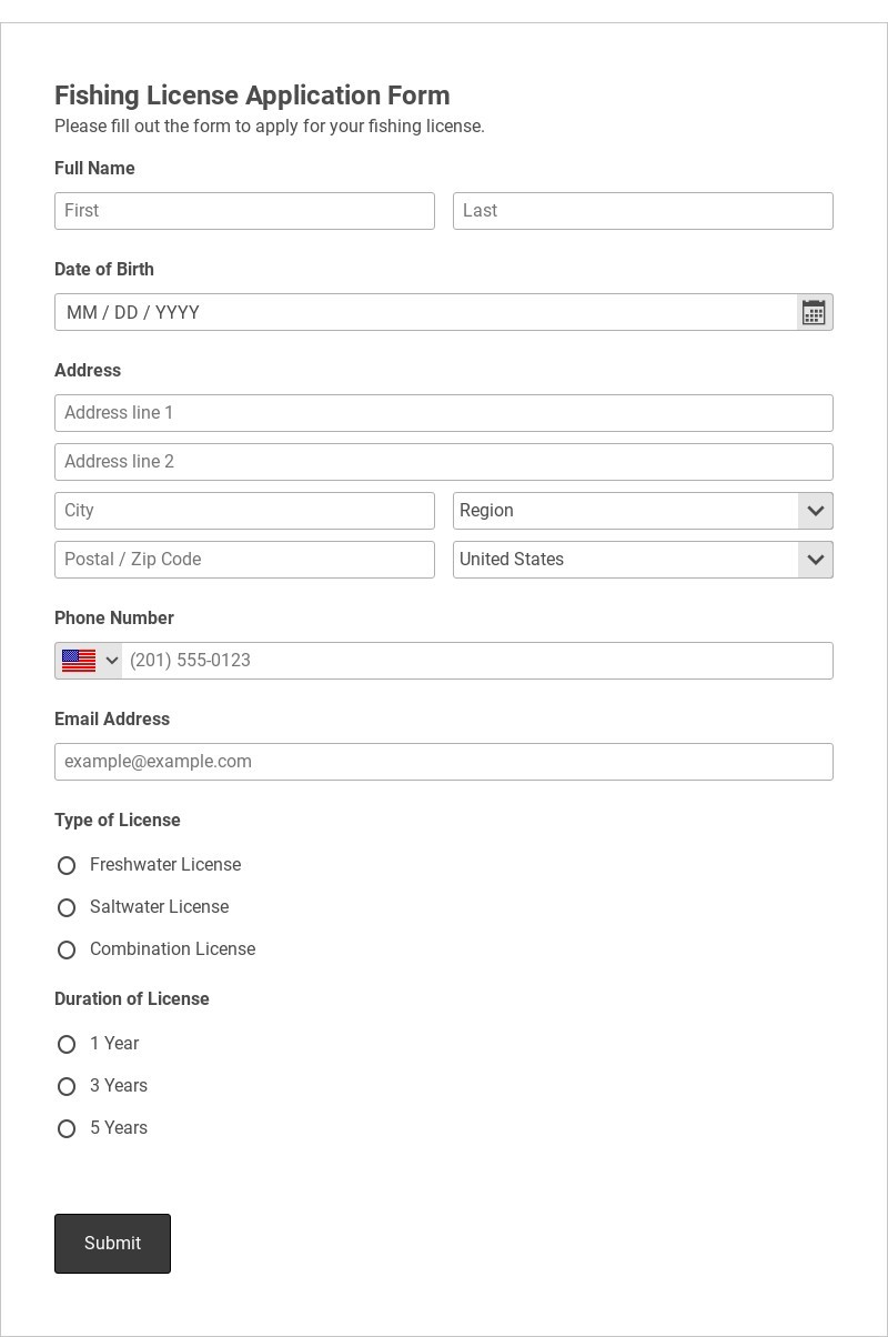 Fishing License Application Form Template form template