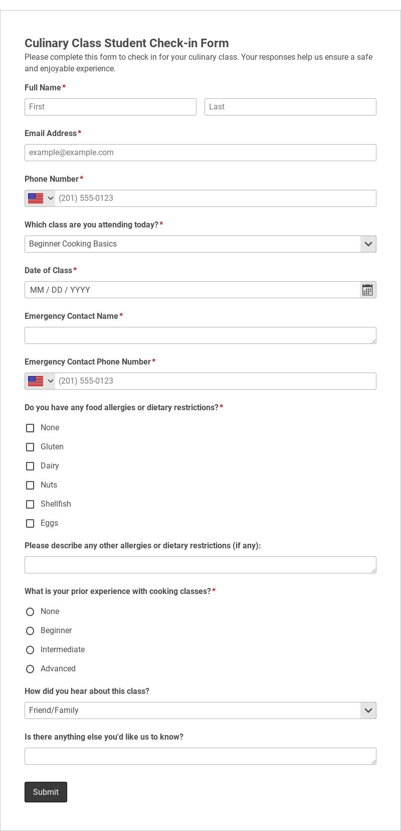 Culinary Class Student Check-in Form Template form template