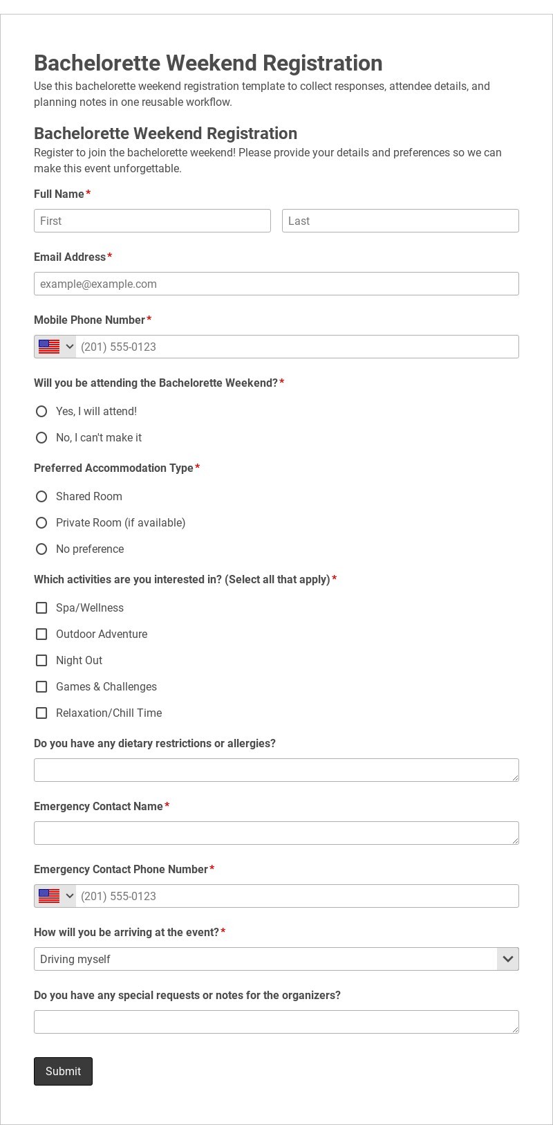 Bachelorette Weekend Registration