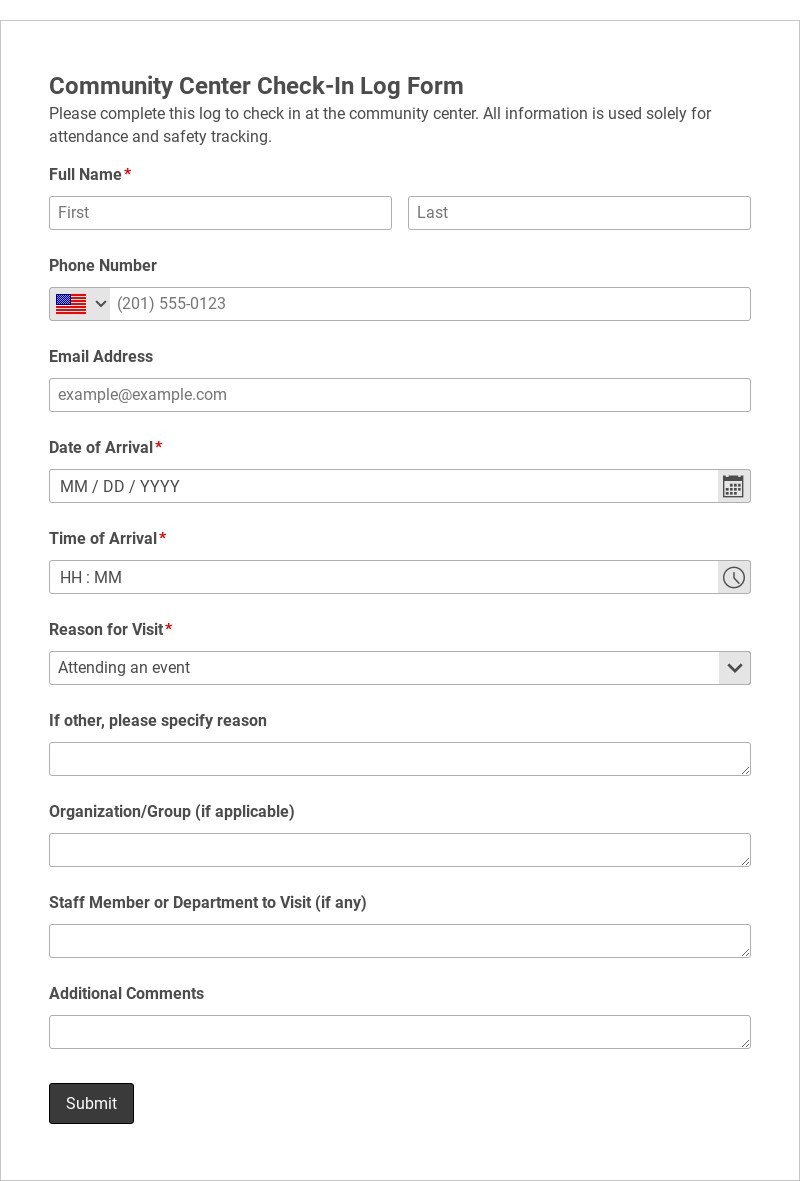 Community Center Check-In Log Form Template